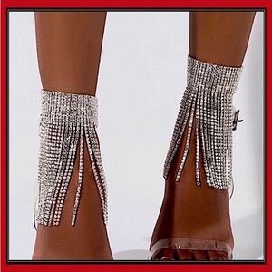 New silver simulated diamond tassel chains wrap around ankle bracelet anklet